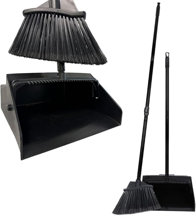 KLEEN HANDLER 48.5" Broom with Dustpan Combo Set with Long Handle for Home, Kitchen, Office, Lobby, Indoor/Outdoor Sweeping & Commercial Use, Black (1 Set)