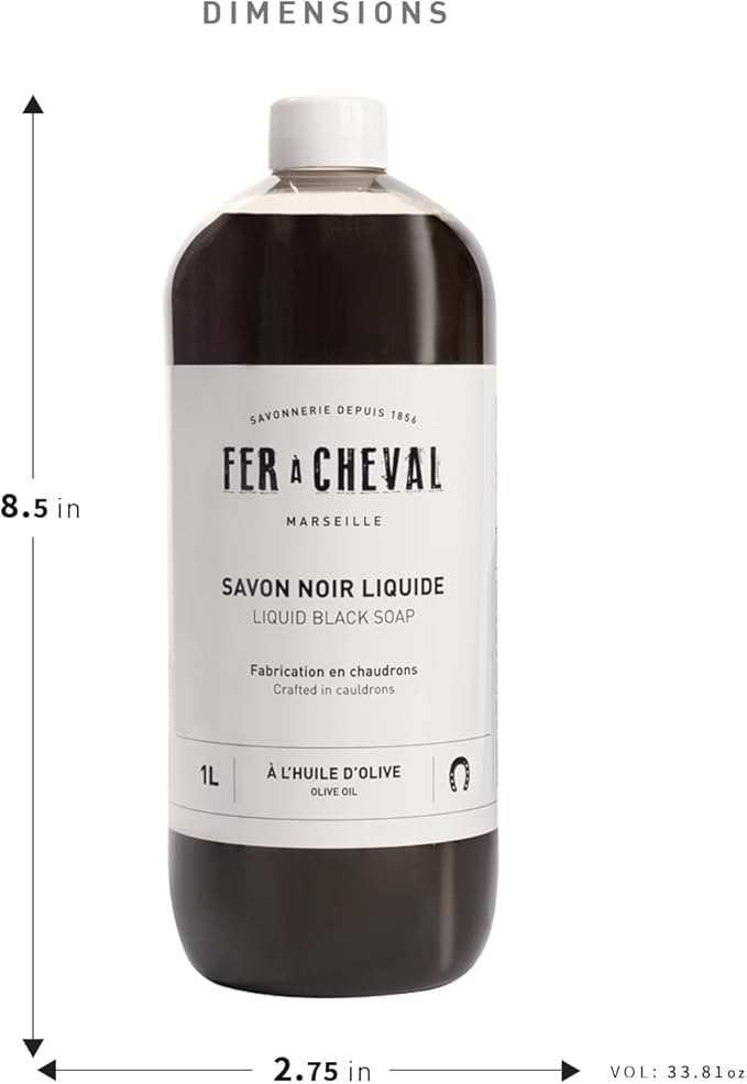 Fer à Cheval Liquid Black Soap All Purpose Cleaner with Olive Oil, Concentrated Multi-Use Cleaner for Home Surfaces, 1000 ml / 33.81 fl oz Black Soap Olive