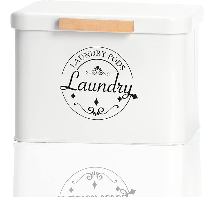 SACREDAY Laundry Pods Holder with Hinged Lid, Farmhouse Space-Saving Metal Container for Laundry Room Decor Organization and Storage, Detergent Dispenser for Efficient Laundry Room Use(Cream)