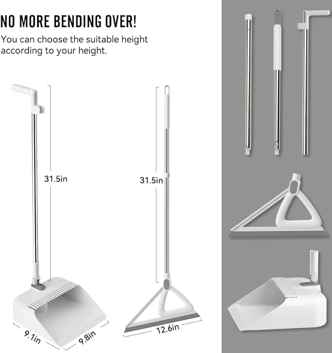 Household Broom with Dustpan, Squeegee Broom for Floor, Aluminum Handle for Floor, Glass, and Tile (White M1)