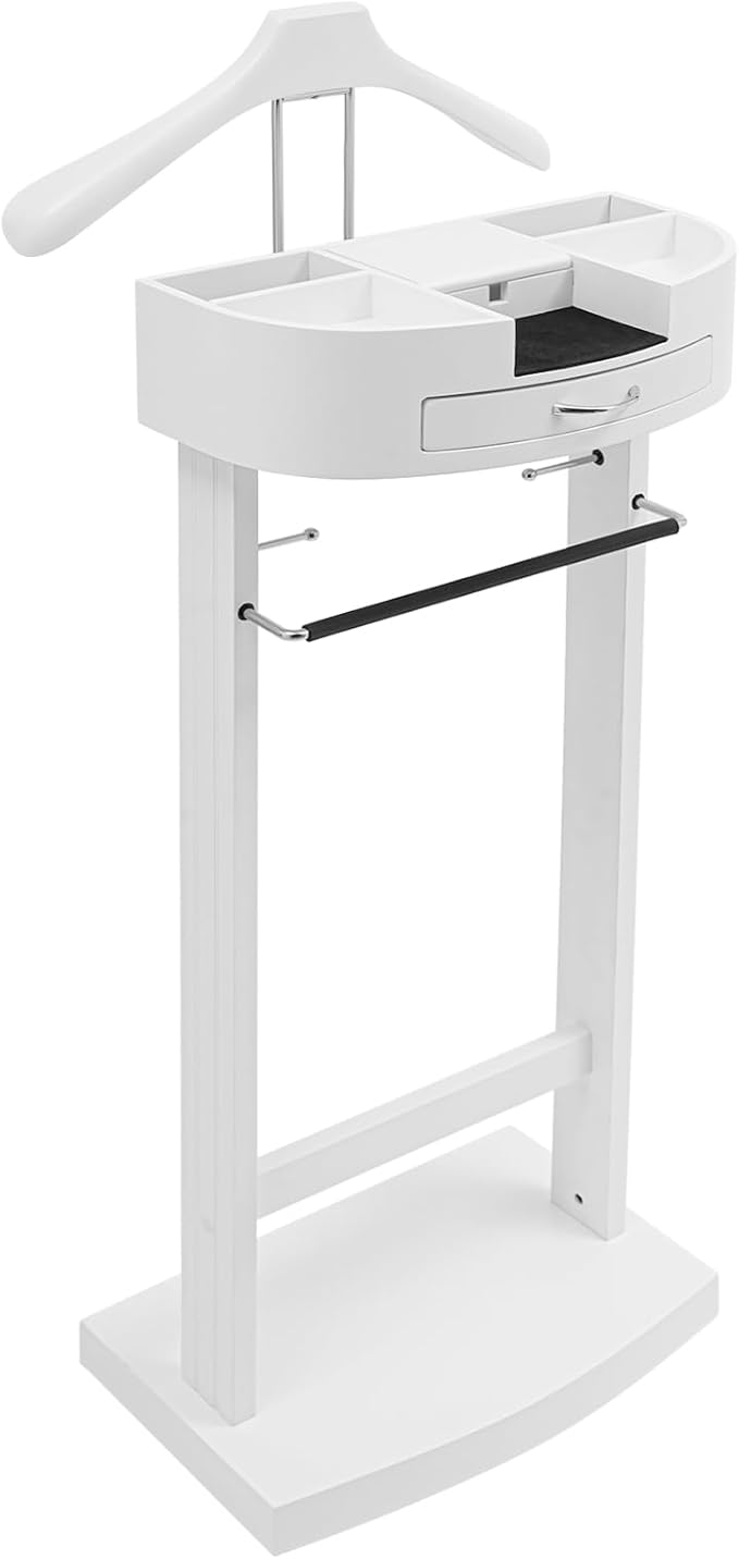 Valet Stand with Drawer and Top Tray, Wood Mens Suit Valet Stand with Wood Base, Freestanding Clothes Valet Stand with Hanger, Storage Organizer for Entryway Office Living Room (B, White)
