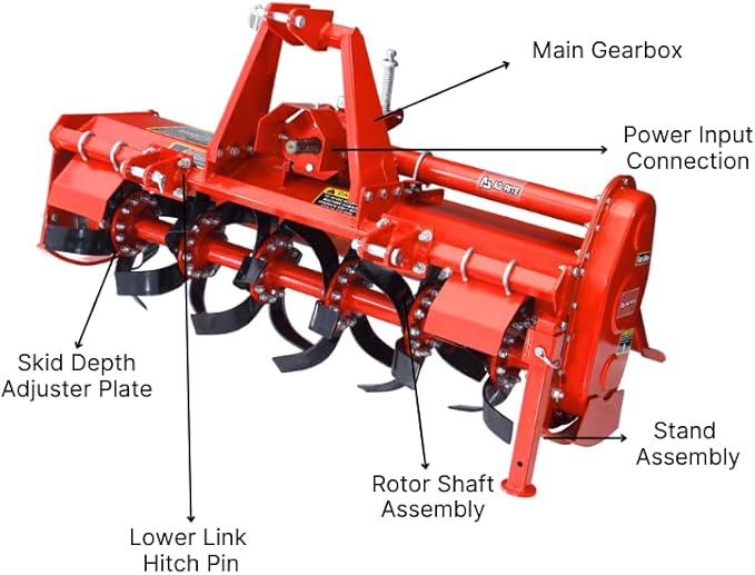 48" Rotary Tiller – Gear-Driven 3-Point Tiller for Tractors 20-35 HP, 36 Heavy-Duty Tines, Max 6.89” Depth – PTO Powered Category 1 Tiller for Gardens, Farms & Landscaping