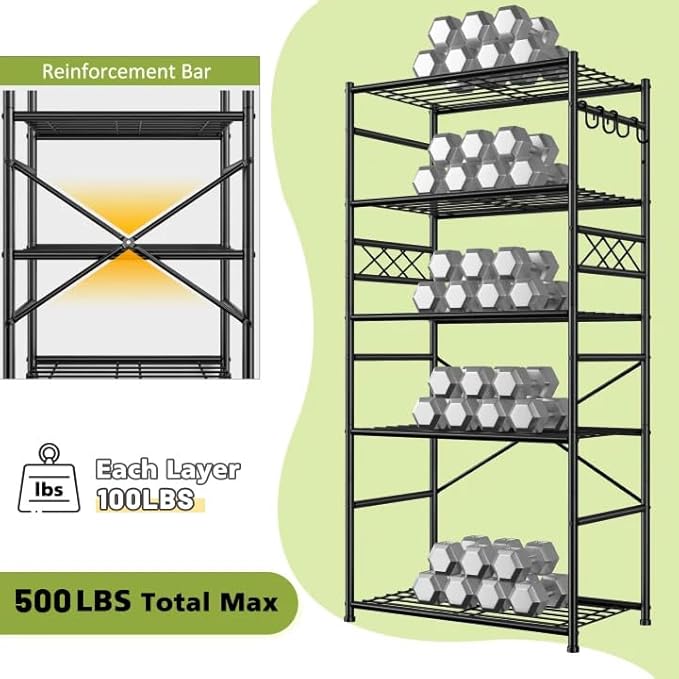 DurayLoly Storage Shelves 5 Tier Capacity,Metaling Shelving with Hooks,Heavy Duty Garage Shelves Unit with Leveling Feet,Wire Shelving for Pantry,Kitchen and Closet,23.6" W x 13.8" D x 72.4" H,500lbs