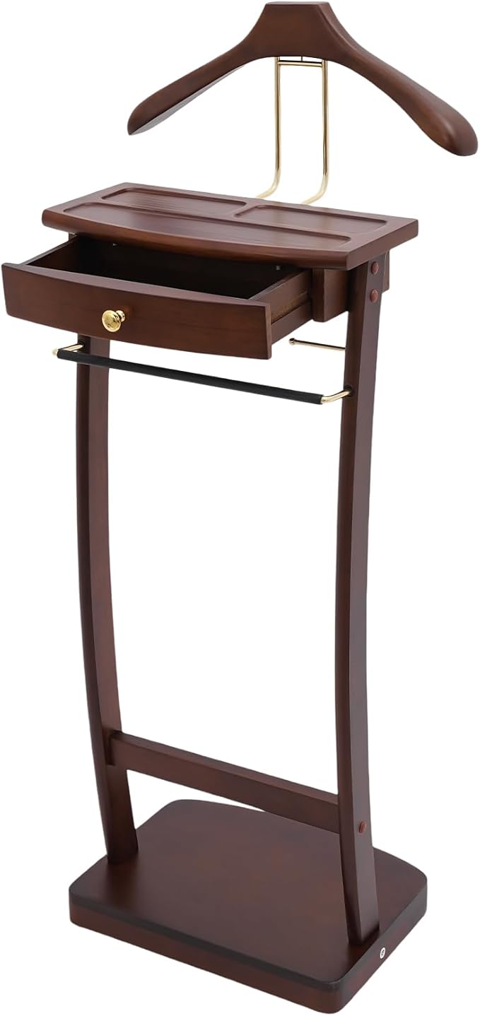 Valet Stand for Man and Women, Wood Suit Rack Suit Valet Stand with Top Tray, Storage Drawer, Bottom Shoe Rack, Freestanding Clothes Rack for Living Room, Bedroom, Office, Black (Walnut Color)