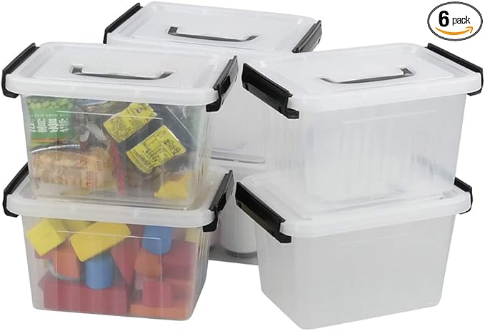 Asking Plastic Latching Box with Black Handle, Lidded Storage Bins, 6 Packs, 3 Quart
