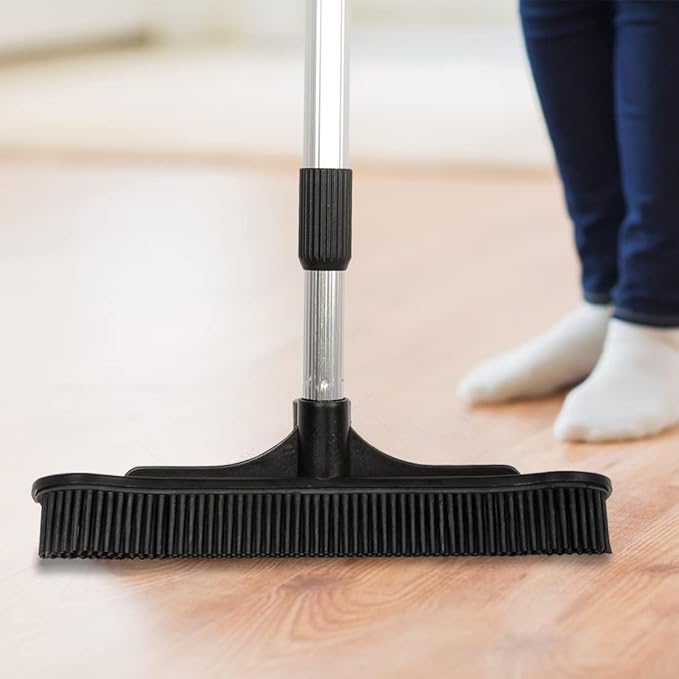 ForPro Extendable Salon Broom, Non-Scratch Rubber Bristles, Aluminum Handle Adjustable to 51.5”, Ideal for Pet Hair, Lint, Dust, Dirt, Black