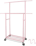 Fishat Portable Pink Double Rods Garment Clothes Rack for Drying with Rolling Clothes Organizer on Lockable Wheels Mobile for Girls Women, 48"W x 15"D x 67"H, Metal Simple Hanging Clothes with 2 Hook