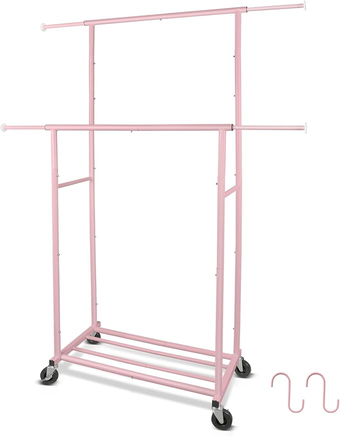 Fishat Portable Pink Double Rods Garment Clothes Rack for Drying with Rolling Clothes Organizer on Lockable Wheels Mobile for Girls Women, 48"W x 15"D x 67"H, Metal Simple Hanging Clothes with 2 Hook