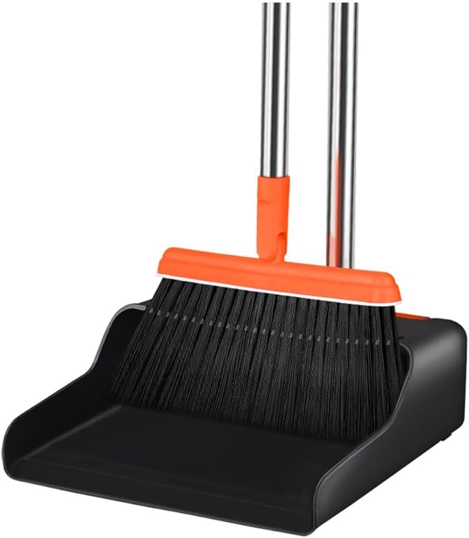 FGY Long Handle Broom and Dustpan Set 53" Broom with Upright Dustpan for Home Kitchen Office Cleaning (Black & Orange)
