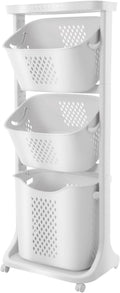 Rolling Laundry Hamper Storage Sorter, 3 Tier Rolling Laundry Hamper Cart White Laundry Baskets with Wheels for Kitchens Bathrooms Bedrooms Classrooms Laundry Rooms