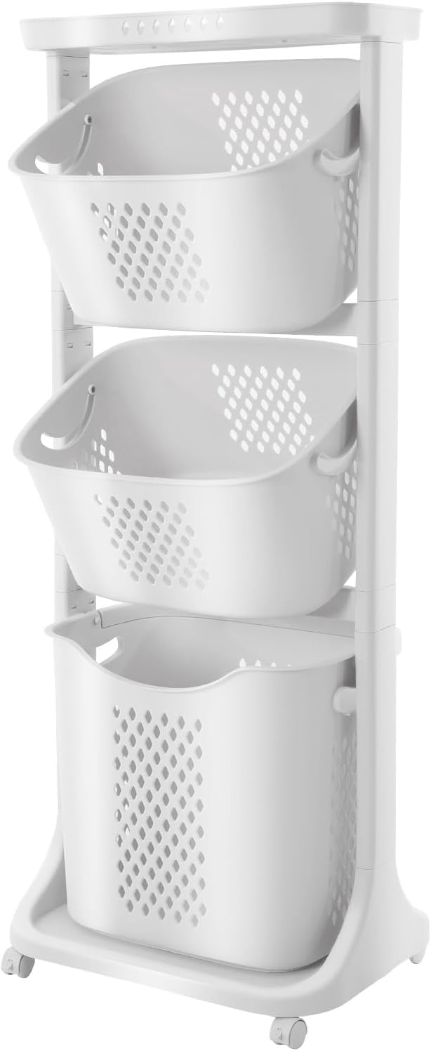 Rolling Laundry Hamper Storage Sorter, 3 Tier Rolling Laundry Hamper Cart White Laundry Baskets with Wheels for Kitchens Bathrooms Bedrooms Classrooms Laundry Rooms