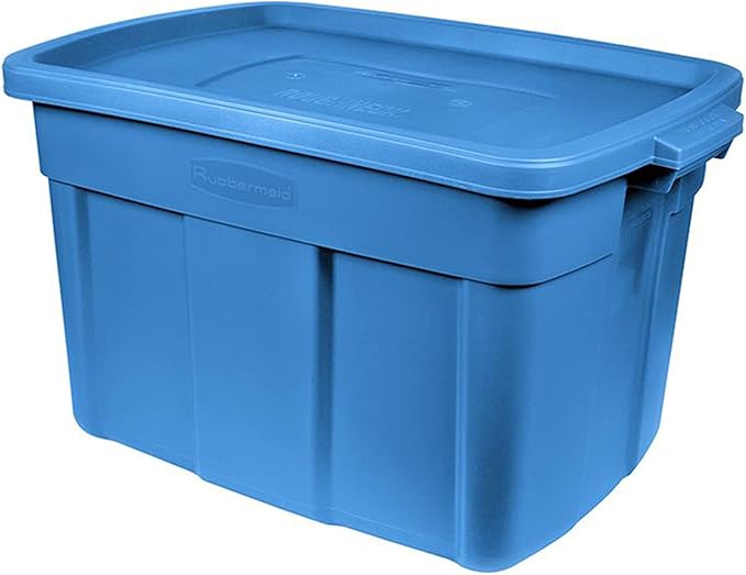 Rubbermaid Roughneck Tote 25 Gal, 4 Pack, Made in USA, Heritage Blue, Rugged Plastic Stackable Storage Bins with Lids and Handles