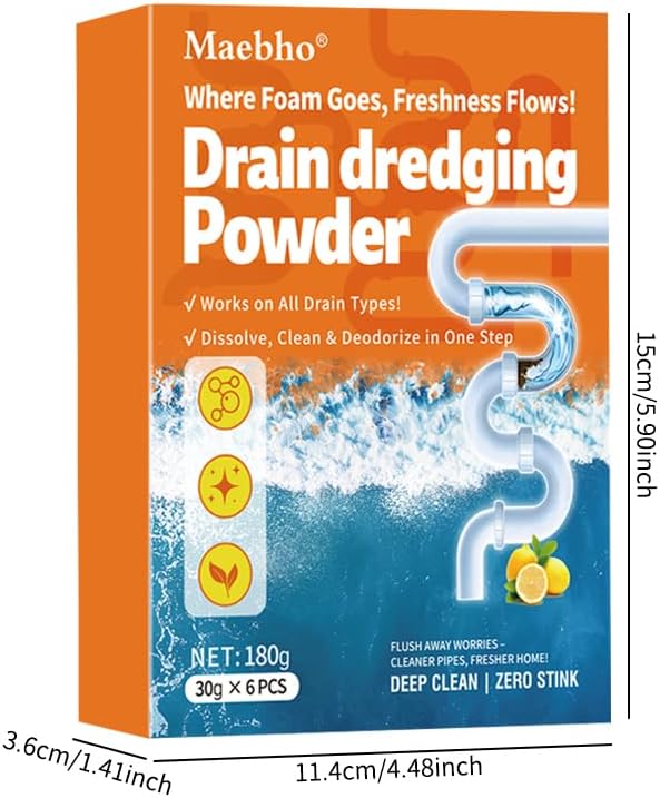 Powerful Sink Pipe Dredge Cleaner, 6 Pack Drain Cleaner Powder, Fast-Acting Foaming Portable Sink & Drain Cleaning Foam for Kitchen Toilet Pipe Dredging