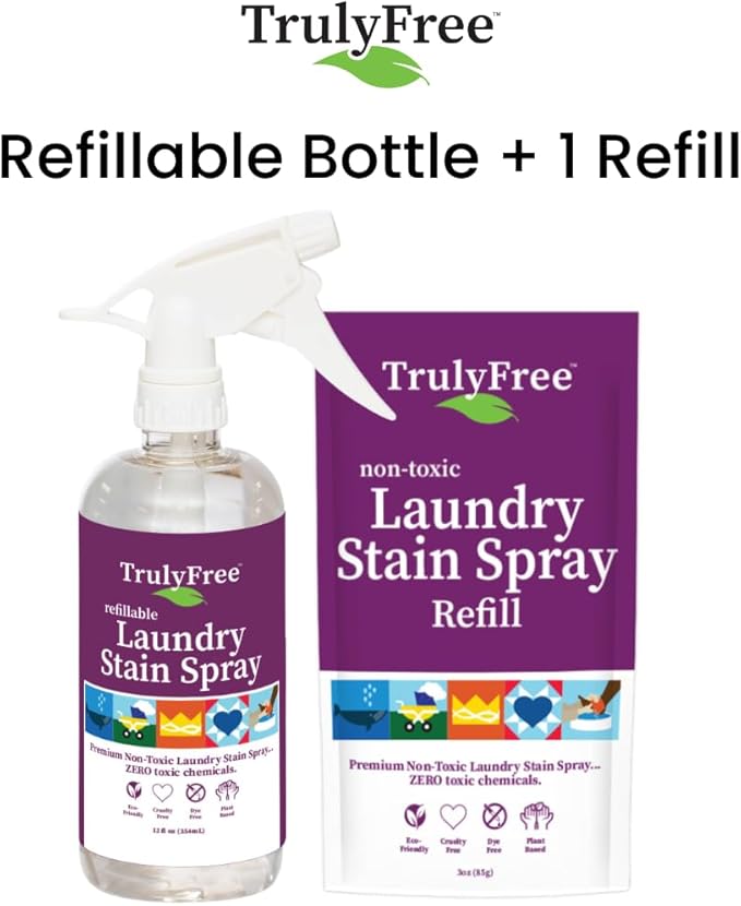 Truly Free Laundry Stain Remover Spray for Clothes - Removes Tough, Dried-In Stains on Whites & Colors -Natural Ingredients - Gentle Yet Powerful - Includes 3 oz Refill & Empty Refillable Bottle