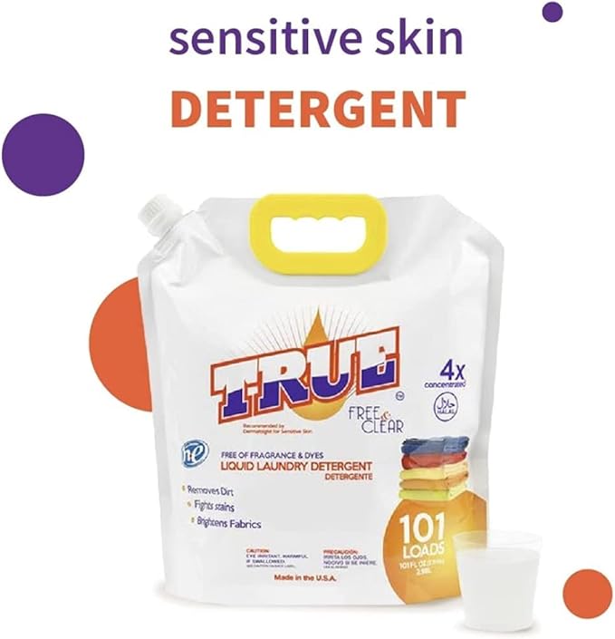True Detergent - Free & Clear Laundry Detergent - Clear Liquid Laundry Detergent Free of Fragrances & Dyes - 101 Fluid Ounces (101 Loads) - 4X Concentrated
