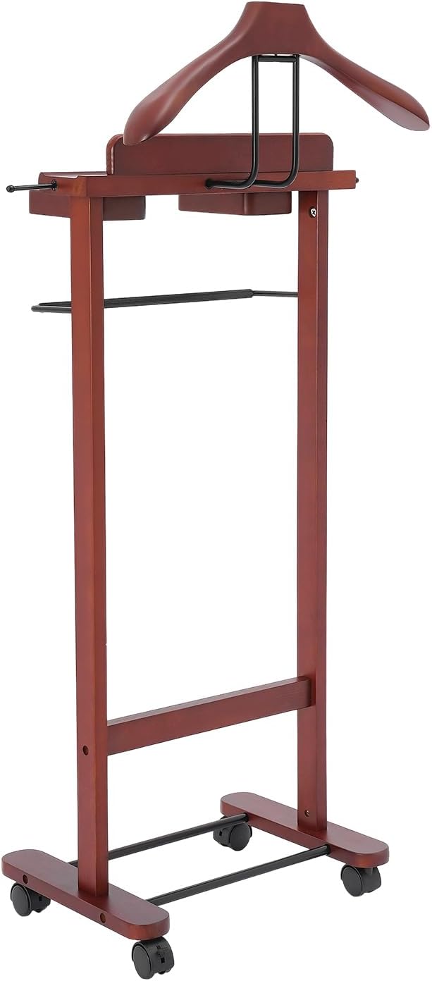 Valet Stand with Wheels and Top Tray, Wood Mens Suit Valet Stand with Shoe Shelf, Freestanding Clothes Valet Stand with Hanger, Storage Organizer for Entryway Office Living Room (B, Walnut Color)