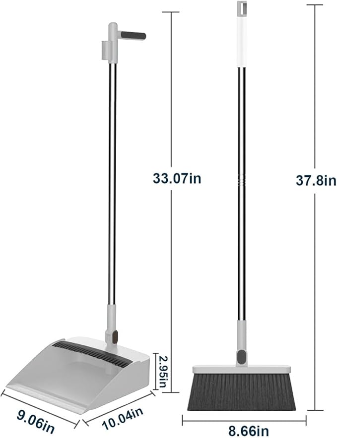 37.8in Broom and Dustpan Set Foldable Hand Brooms for Home & Kitchen with Rotatable Standing Storage, Buckle Type Broom with Dustpan Combo Set Outdoor Brooms Cleaning Tool Apartment Essentials (White)