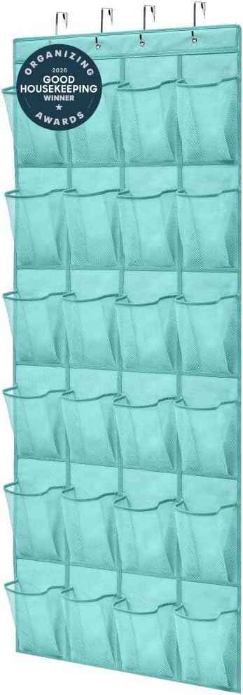 GORILLA GRIP Over the Door Shoe Organizer, 24 Large Breathable Mesh Pockets, Space Saving Hanging Storage Holder, Closet Rack Hanger Holds Up to 40 lbs, Hangs on Closets, Shoes, Accessories, Turquoise