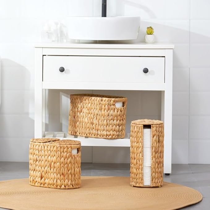 ELONG HOME Toilet Paper Basket with Lid, Water Hyacinth Wicker Toilet Paper Storage Holder for 4 Rolls, Toilet Paper Storage for Bathroom