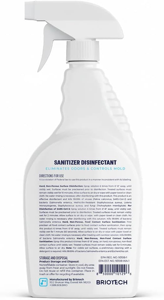 BRIOTECH Sanitizer Disinfectant Hypochlorous Spray, Kill 99.99% of Viruses & Bacteria, Control Mold, Eliminate Odor, Gentle for Nursery & Play Rooms, Food Contact Surface Sanitizer, 32 fl oz (4 Pack)