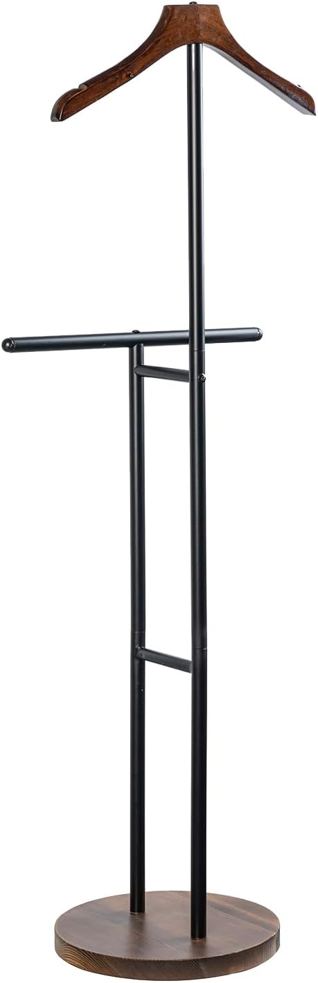 MyGift Modern Garment Valet Stand with Rustic Burnt Solid Wood Coat Clothes Hanger, Round Wooden Base, and Industrial Matte Black Metal Bag Holder for Women