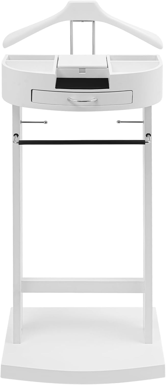 Valet Stand for Man and Women, Wood Suit Rack Suit Valet Stand with Top Tray, Storage Drawer, Bottom Shoe Rack, Freestanding Clothes Rack for Living Room, Bedroom, Office, Black (White2)