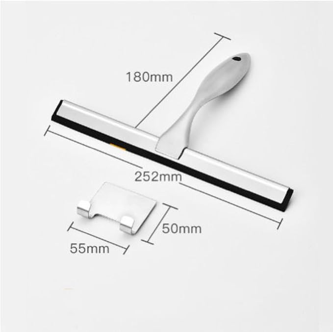 10-Inch All-Purpose Stainless Steel Shower Squeegee — Bathroom Glass Door and Mirror Cleaner with 2 Adhesive Hooks, Ideal for Windows, Tiles, Walls, and Cars, Silver Finish