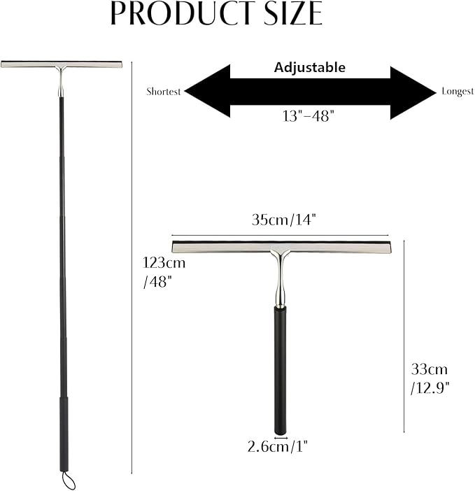 Shower Squeegee with Long Handle – Includes Replacement Silicone Blade, Extendable 13" to 48", 14" Wide for Glass, Mirrors, Windows, Bathroom Tiles & Walls, Telescopic Wiper with Hooks (Black)