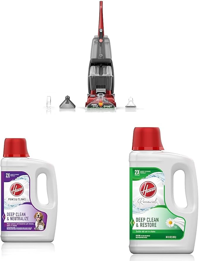 Hoover Power Scrub Deluxe Carpet Cleaner Machine & Paws & Claws Deep Cleaning Carpet Shampoo with Stainguard & Renewal Deep Cleaning Carpet Shampoo, Concentrated Machine Cleaner Solution, 64oz Formula