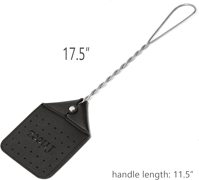 Trieez 2 Pack Sturdy Leather Fly Swatter - 17.5” Heavy Duty Flyswatter with Durable Metal Handle, Rustic Bug Swatter for Flies, Bees, and More - Black