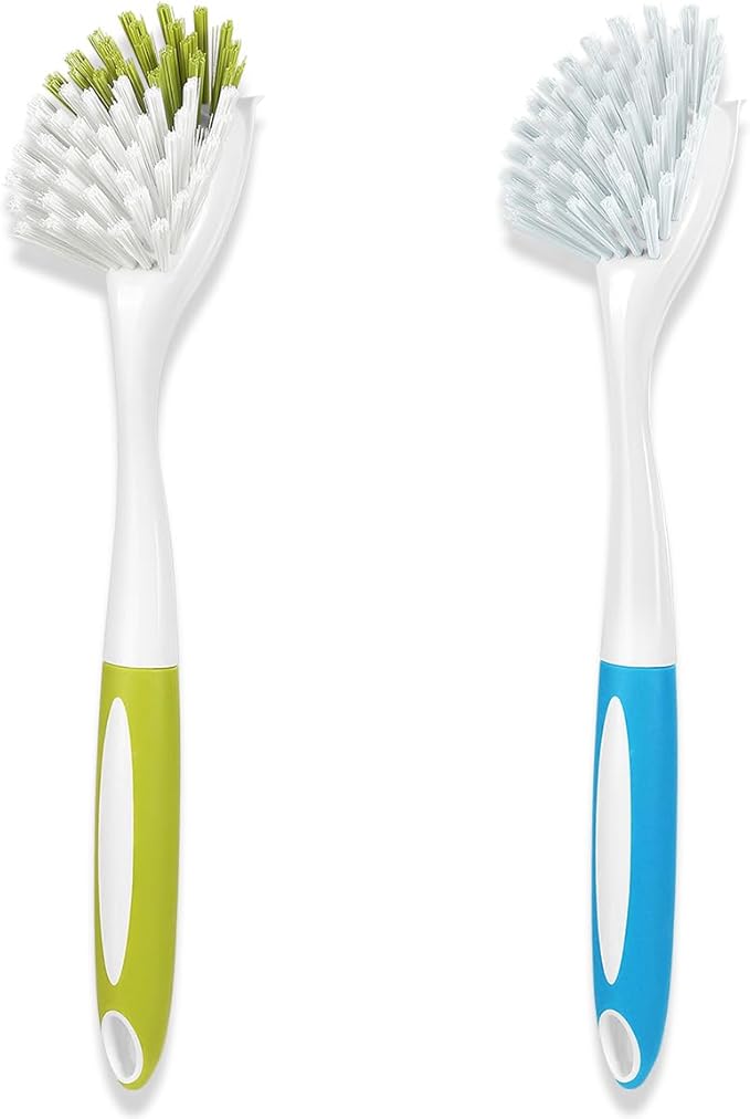 Dish Brush with Handle, Firm & Stiff Bristles Dish Scrubber for Pots, Pans & Sink Cleaning, 2 Pack