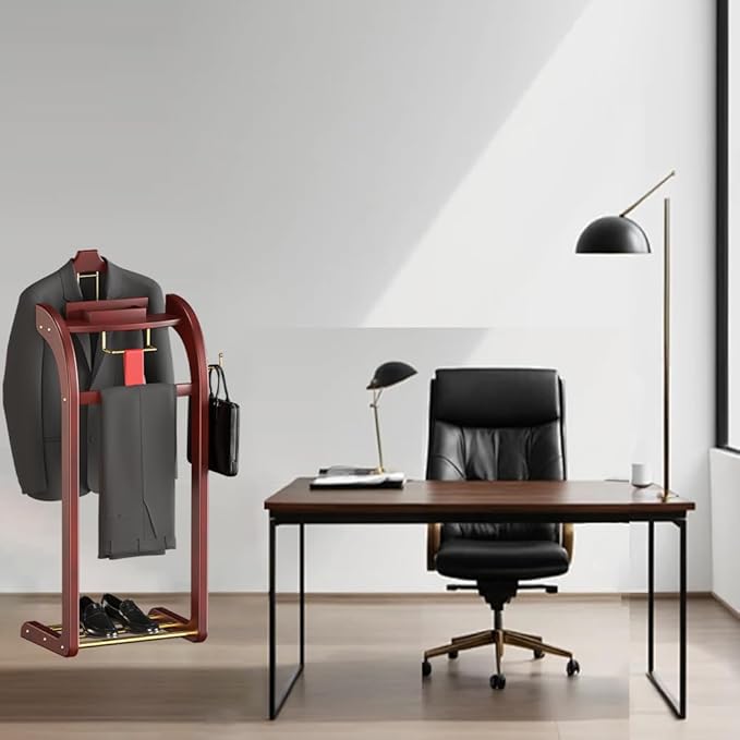 Suit Valet Stands for Women and Men, Wood Valet Stand with Base, Wardrobe Suit Valet Stand Organizer with Trouser Bar and Tie Bar, for Office Living Room (Reddish-Brown)