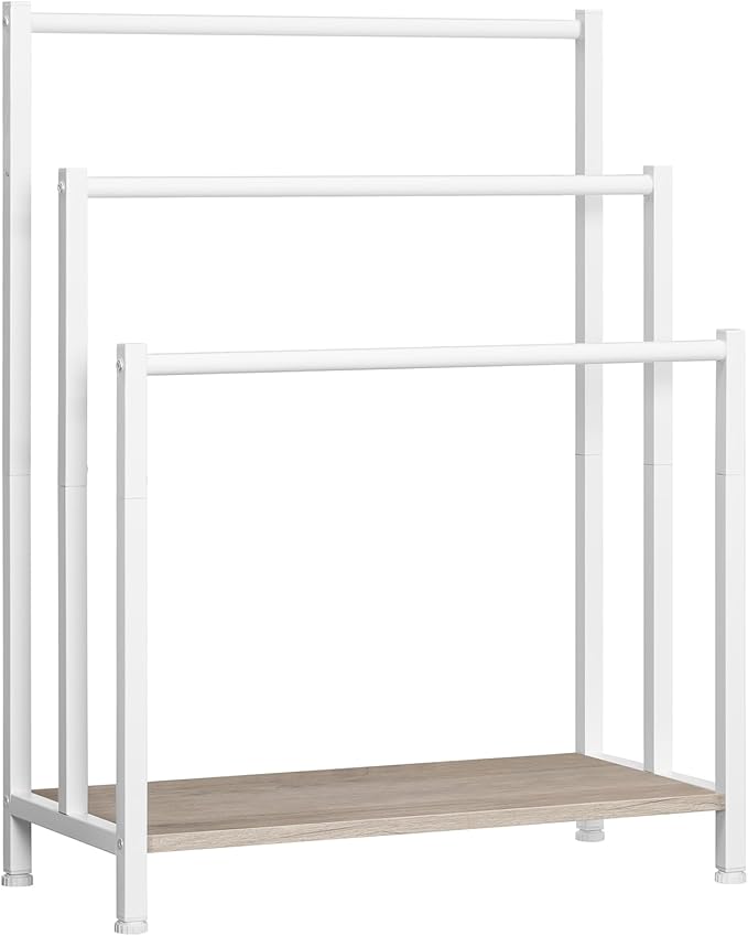 HOOBRO Free Standing Towel Rack, 3 Tier Blanket Rack, Blanket Holder for Bathroom, 23.6" L x 11" W x 31.9" H, Industrial Metal Drying and Display Rack with Shelf, White and Grey WG06LB01