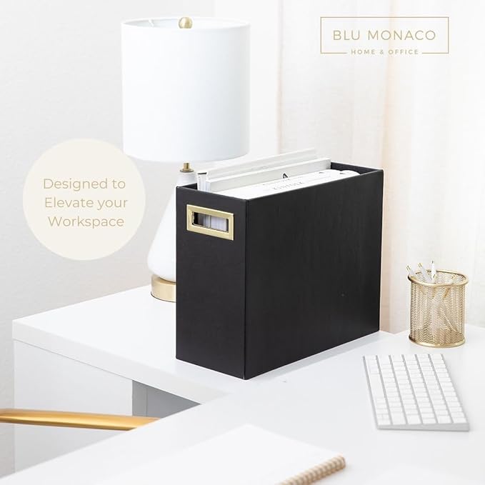 BLU MONACO | Black Leather Magazine Basket with Gold Handles | Floor Magazine Rack & Newspaper Stand | Modern Bathroom and Home Storage Organizer