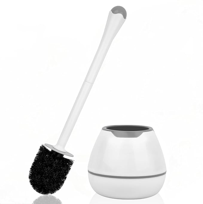 Toilet Brush and Holder, Toilet Bowl Brush with Long Handle, Plastic Holder Easy to Hide, Drip-Proof, Easy to Assemble, Deep Cleaning