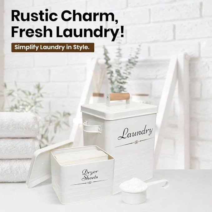 Farmhouse Metal Laundry Pods Container with Dryer Sheet Holder for Organization and Storage, Laundry Room Decor - Holds 156 Pods and 300 Sheets (White)