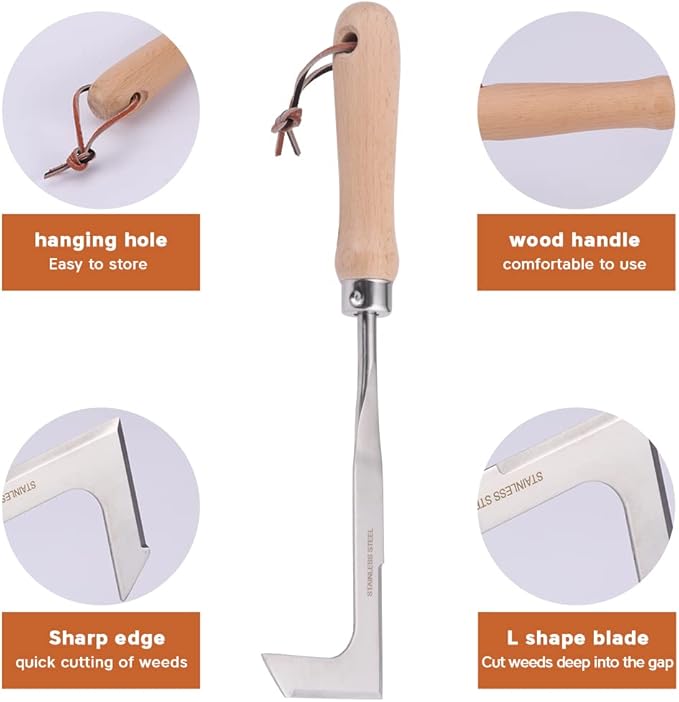 Crevice Weeder,Crevice Weeding Tool with Wood Handle,L-Shaped Weed Puller Tool,Efficient Manual Weeder Gardening Tool for Garden Lawn, Yard Patio Terrace,Side-Walk