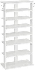 HOOBRO Vertical Shoe Rack, 8 Tier Wooden Shoe Storage Organizer with Hooks, Narrow Shoe Tower for 16 Pairs, Space Saving, for Entryway, Living Room, Bedroom, White WT750XJ01