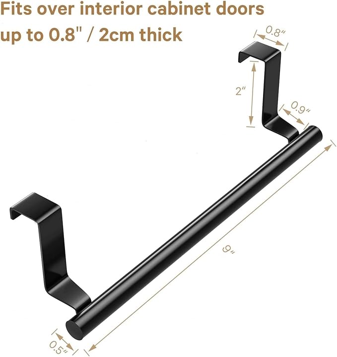 Stainless Steel Over Door Towel Rack Bar Holders for Universal Fit on Over Cabinet Cupboard Doors 2 Pack (Black)