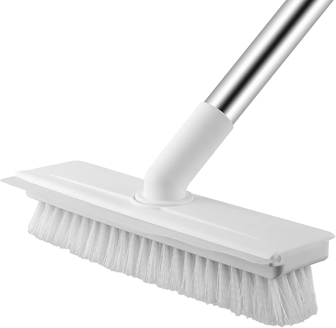 Floor Scrub Brush with Long Handle, 2 in 1 Scrape Brush Stiff Bristle Floor Scrubber for Cleaning Shower Bathroom Garage Kitchen Wall Deck Tub Tile, White