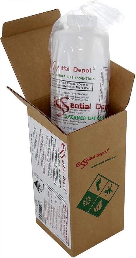 Essential Depot Pure Lye Drain Cleaner/Opener, 2 lbs. Food Grade Sodium Hydroxide Micro Beads - HDPE container with Resealable Child Resistant Cap