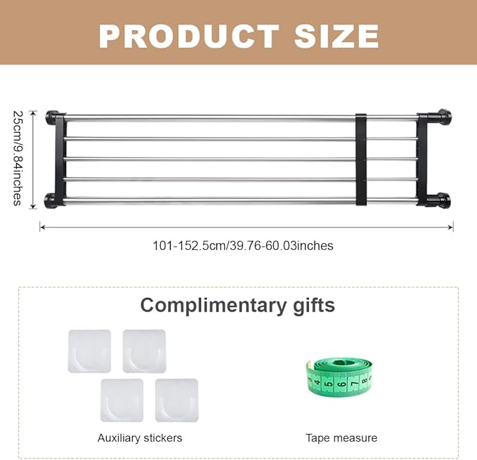 Hershii Expandable Closet Tension Shelf Rod Adjustable Metal Storage Rack Cabinet Organizer DIY Divider Separator Shelves for Wardrobe Cupboard Kitchen Bathroom, Black, 39.76-60.03inches