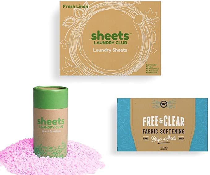 Sheets Laundry Club Bundle - 50 Pack (up to 100 loads) Fresh Linen Detergent Sheets, 40 Pack Vitality Dryer Sheets & 8 Oz. Sea Breeze Scent Booster - New Liquidless Technology