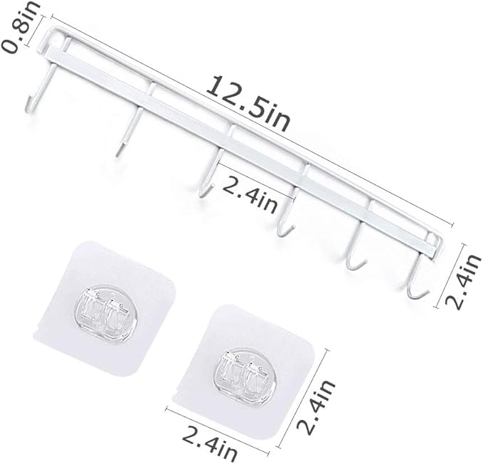 YiZhi Adhesive Wall Hooks Rack Kitchen Rail, Space Saving Utensil Holder No Drilling Wall Mounted Accessory Hanger with 6 Hooks for Kitchen Bathroom Bedroom Pack of 2 (White)