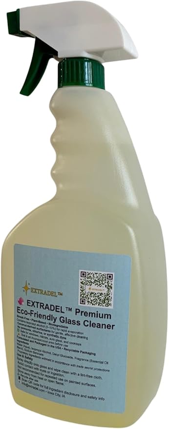 EXTRADEL™ Premium 32 fl oz Eco-Friendly Glass Cleaner, Plant-Based, Streak-Free, Light Naturally-Derived Scent, Biodegradable Spray