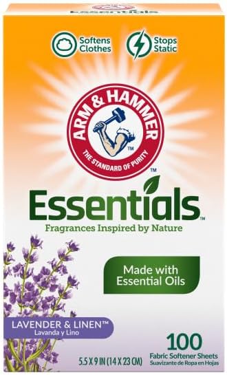 Arm & Hammer Essentials Fabric Softener Sheets, Lavender & Linen, Made with Essential Oils, Softens Clothes, Stops Static, 5.5x9 inches, 100 Count (Pack of 2)