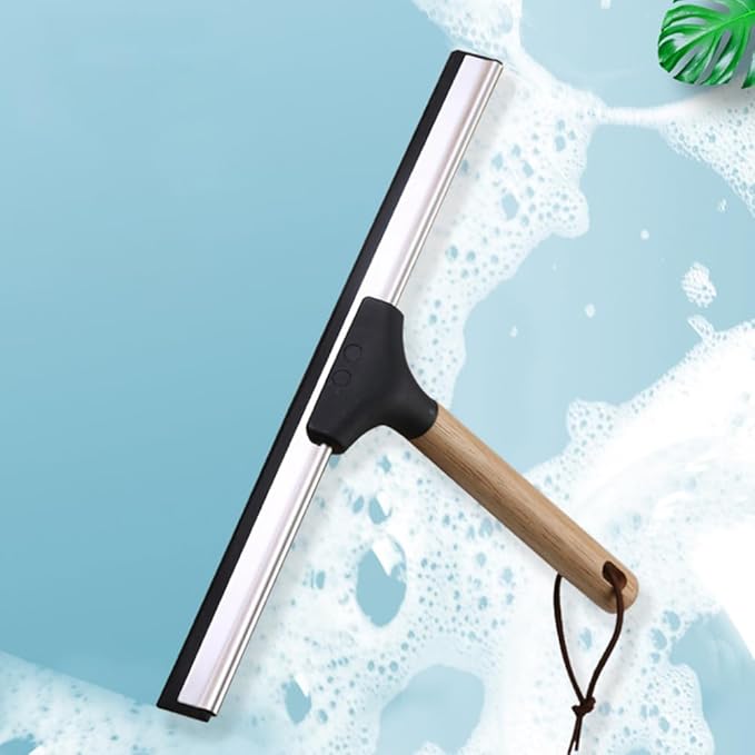 10 Inch Shower Squeegee with Wooden Handle Silicone Blade Glass Wiper for Bathroom Doors Mirrors Windows Household Cleaning Tool Water Scraper for Soap Scum Removal Home Decor