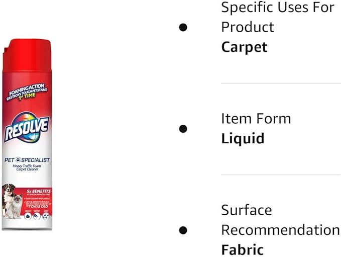 Resolve Pet Specialist Heavy Traffic Foam, Carpet Cleaner, Pet Stain and Odor Remover, 22oz