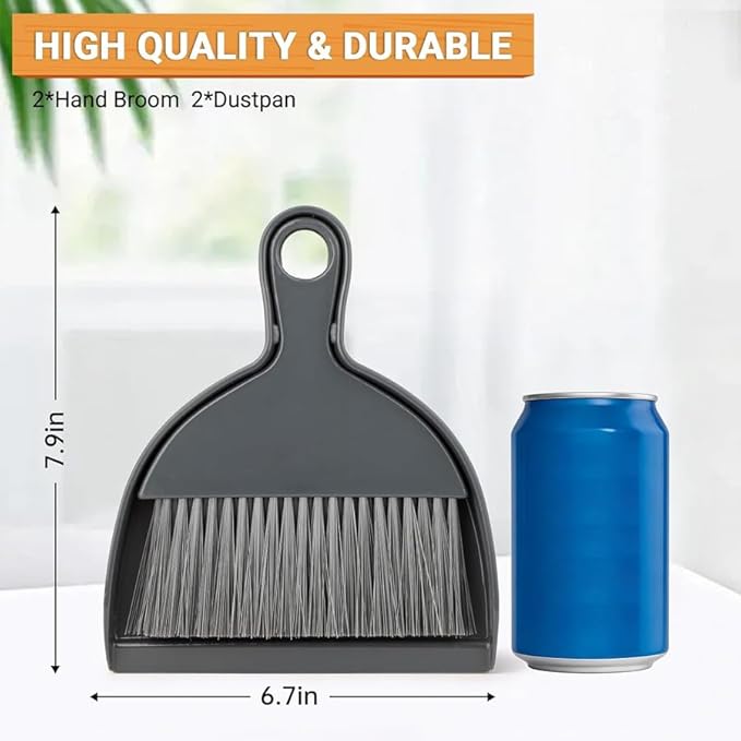 THINKLEARN 2PCS Small Dust Pan and Brush Set, Mini Broom and Dustpan Set, Compact and Hand Broom Combo Set for Cleaning, Dark Gray