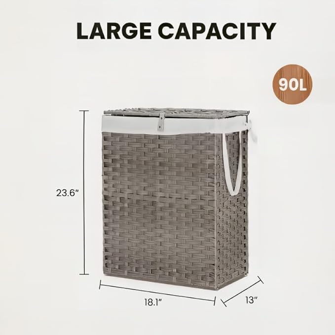 Laundry Hamper with Lid, 90L Foldable Laundry Basket with Removable Liner Bags, Handwoven Synthetic Rattan Clothes Hamper for Bathroom, Bedroom, Laundry Room, Grey